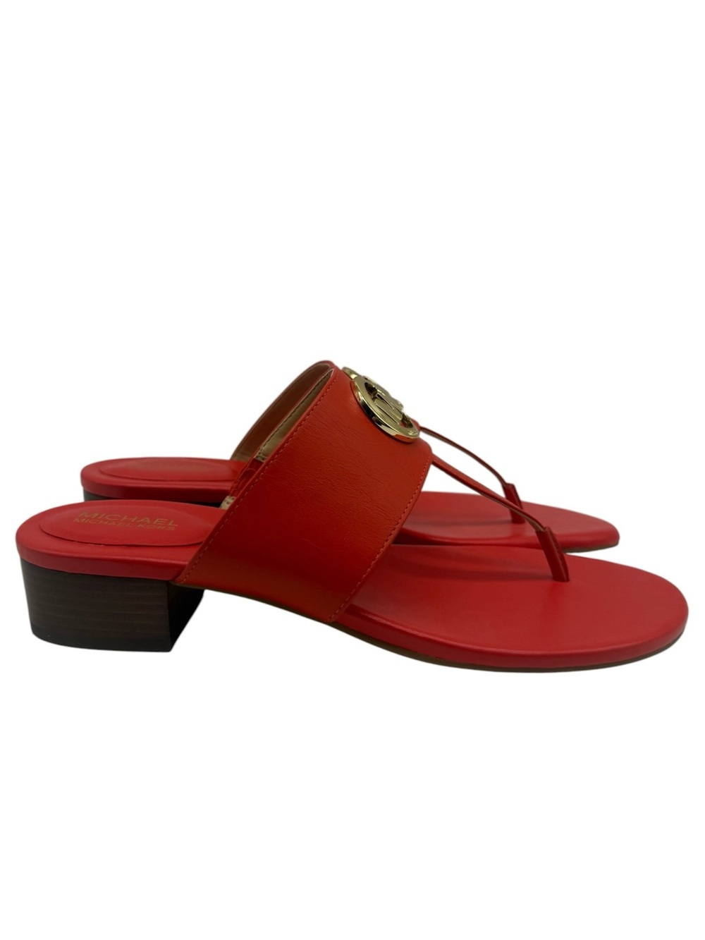 Michael Kors Womens Sandals Size 8.5 Red Leather Logo Thong Heeled Colorful Chic - Picture 2 of 12